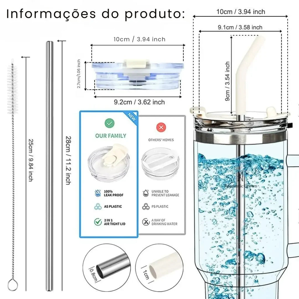 Vaso Térmico de Acero Inoxidable Portátil con Tapa y Popote 1200ML